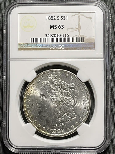 1882-S Morgan Silver 90% Silver NGC Grade MS-63 Uncirculated Light Toning