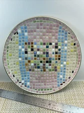 Mid Century Goldtone Aluminum Multi Color Mosaic Tile Console Bowl 11-1/2"