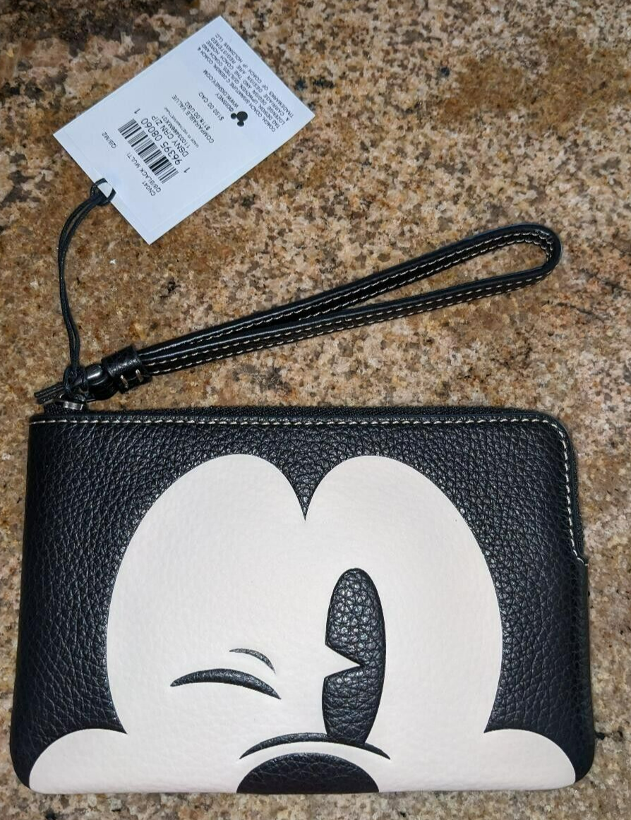 COACH X DISNEY CORNER ZIP WRISTLET MICKEY MOUSE WINK BLACK/WHITE