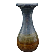 Handmade Signed Art Pottery Stoneware Vase - 6.5" Blue Brown Arts & Crafts Boho