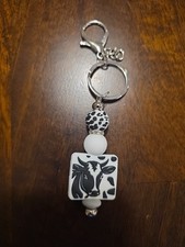 Black  White Cow Beaded Keychain with Silver Bling Spacer and Cow Print Accent