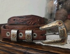 Vintage Renalde BOHO Western Tooled Leather Belt Buckle Loops Solid Nickel