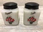 Tipp USA Vintage Milkglass Salt & Pepper Shakers Flower Basket Red & Black