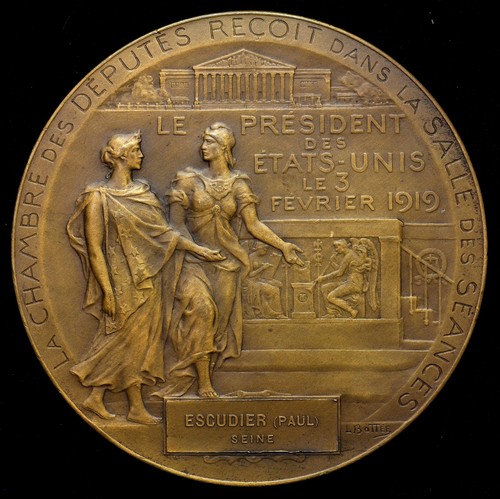 1919 President Woodrow Wilson Chamber of Deputies France Medal Bronze Bottee 68m - Imagen 2 de 2