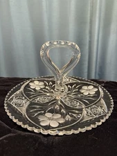 American Brilliant Cut Glass HANDLED TIDBIT DISH w/Hobstars Flowers Sawtooth