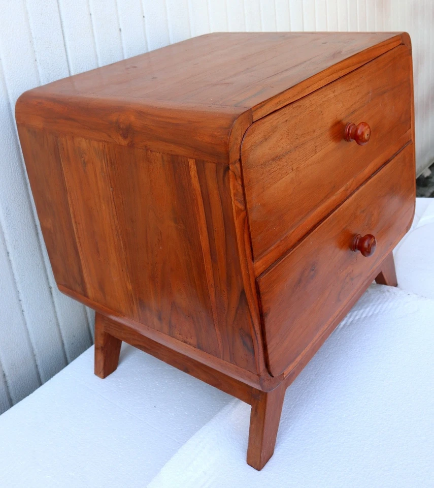 Comodini in teak massello stile anni 70 con gambe a V e 2 cassetti  color natura - Immagine 3 di 4