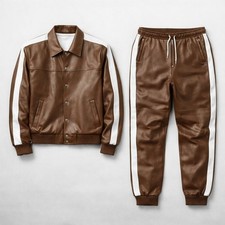 Men Brown Leather Tracksuit Set | Genuine Leather Jacket & Pants | Handmade Leat