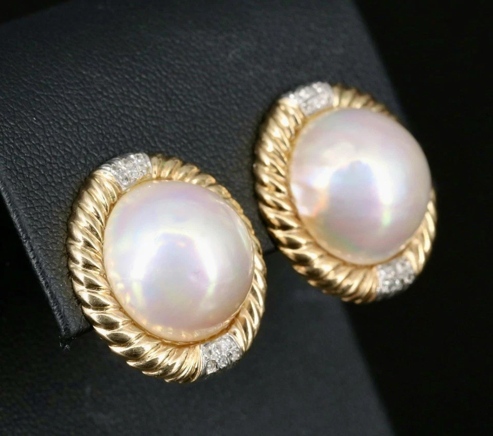 14K Cultured Pearl Button Earrings with Diamonds and Flutted Filigree Edge - Image 4 of 4
