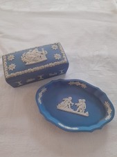 Vintage Wedgewood, Blue, Unglazed Trinket Box and Dish.