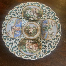 1950s Capodimonte Rococo Cherub Putti Romantic 5 Scenes Wall Plate Charger 14.5”