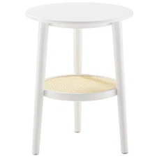 2 Tier Round Side Table, White Rattan Nightstand Bedside Table with Storage, ...