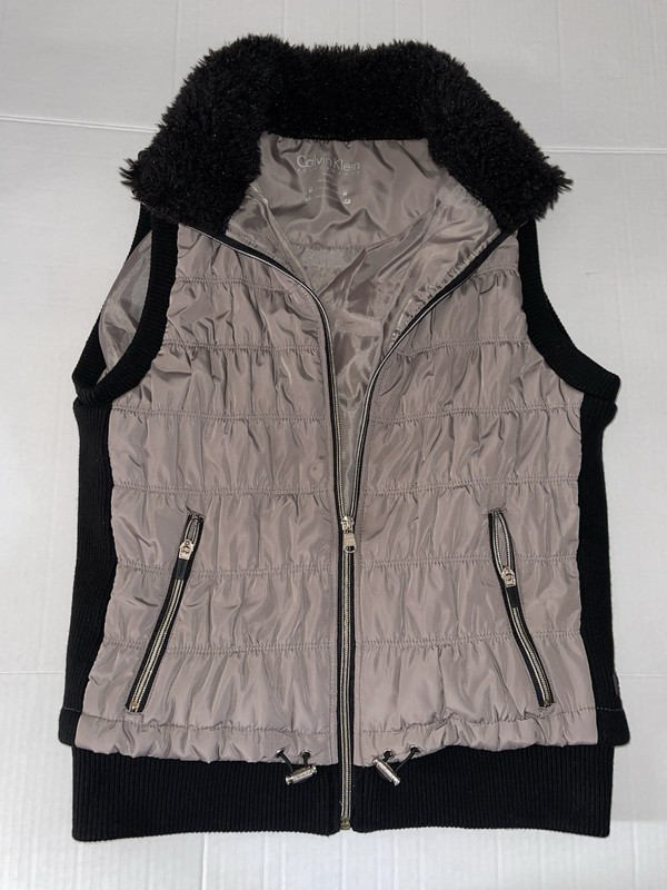 Ladies Calvin Klein Performance Puffer Vest Beige/Black - Size Small