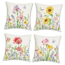 Spring Floral Throw Pillow Covers 18 x 18 Inch Tulips Iris Sunflower Poppy