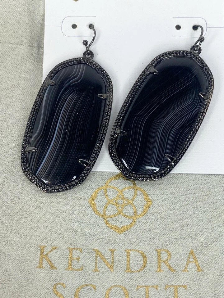 Kendra Scott Black Banded Agate Gunmetal Danielle Earrings Rare - Image 4 of 4