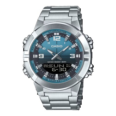 Casio AMW870DA-2A2V Men's Stainless Steel Aqua Blue Dial Analog Digital Watch