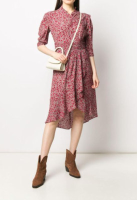 Ba&Sh Chelsea Abstract Floral Print Faux-Wrap Hi-Low Dress in Red sz XS