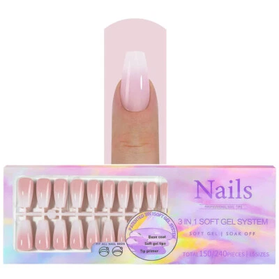 LOVENAILS 150 Ballerina Babyboomer Press-On Tips Light Pink Fullcover Coffin Nails