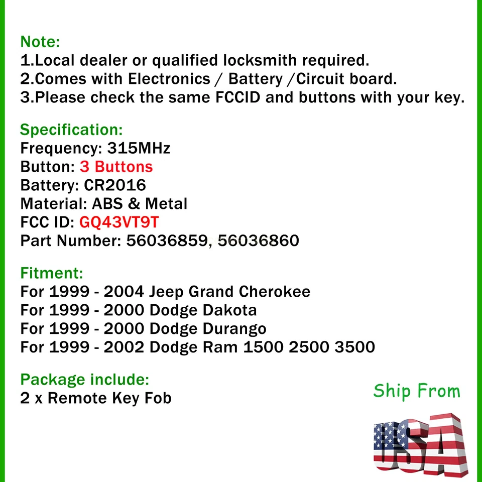 2 Reemplazos para Dodge 1999-2002 Ram 1500 2500 3500 Mando a Distancia Coche Llavero Van 3B Foto 2 de 4