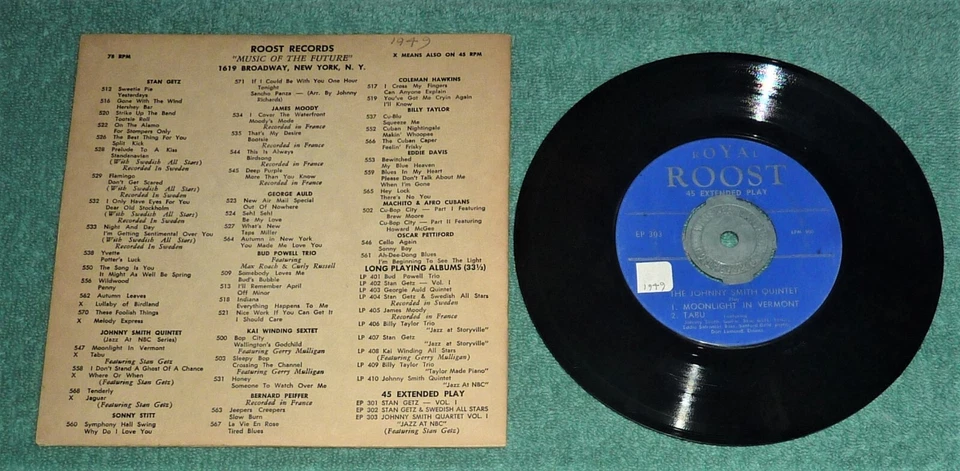 7” 45 RPM EP Record by JOHNNY SMITH QUINTET featuring STAN GETZ (1956) JAZZ Foto 2 de 2