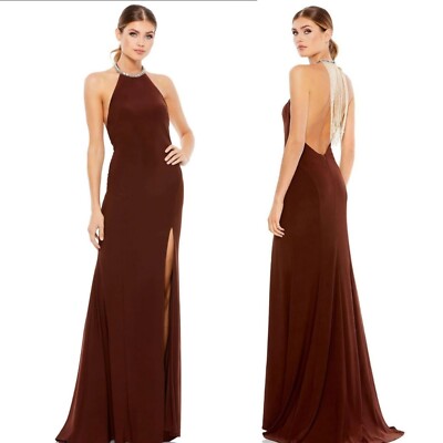 Mac Duggal 26518 Beaded High-neck Chocolate Gown Size 4