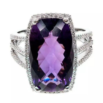 Extra Bright 20ct Cushion Amethyst Gemstone Halo Ring with Triple Shank Setting