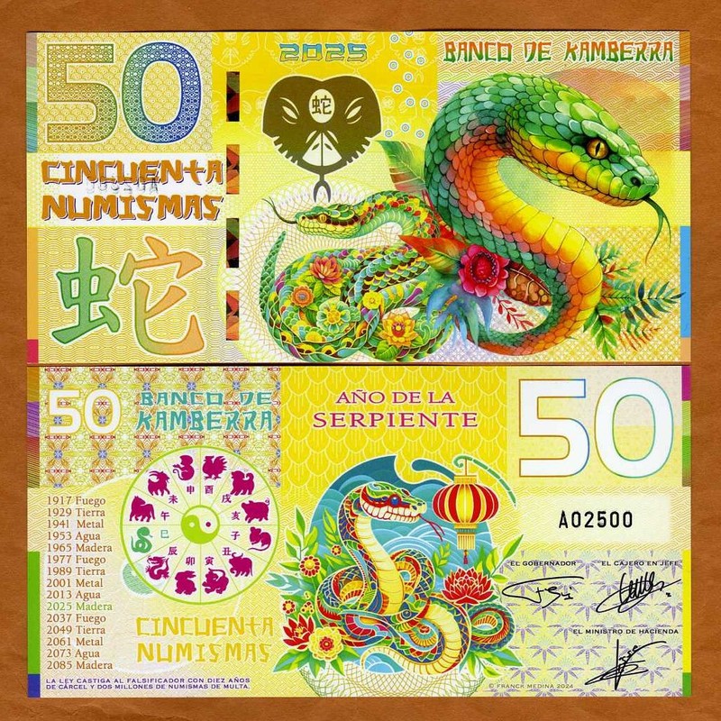 Kamberra, POLYMER, 50 Numismas, China Lunar Year, 2025 UNC Snake