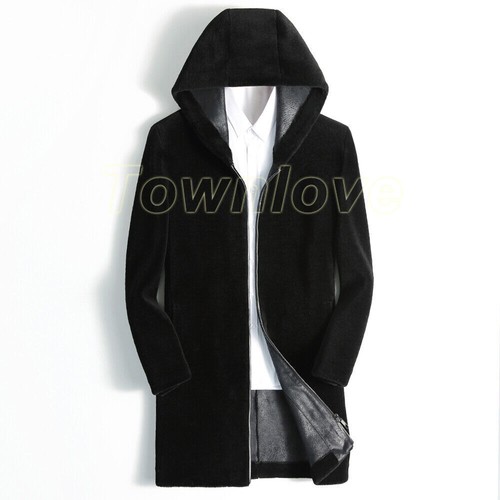 Fur Hooded Wool Coat Lamb Fur Mens Sheep Sheared Jacket Mid-length Casual Trench - Picture 15 of 17