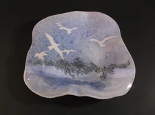 Stengods free form ocean and seagull pottery dish signed Marianne Sundberg