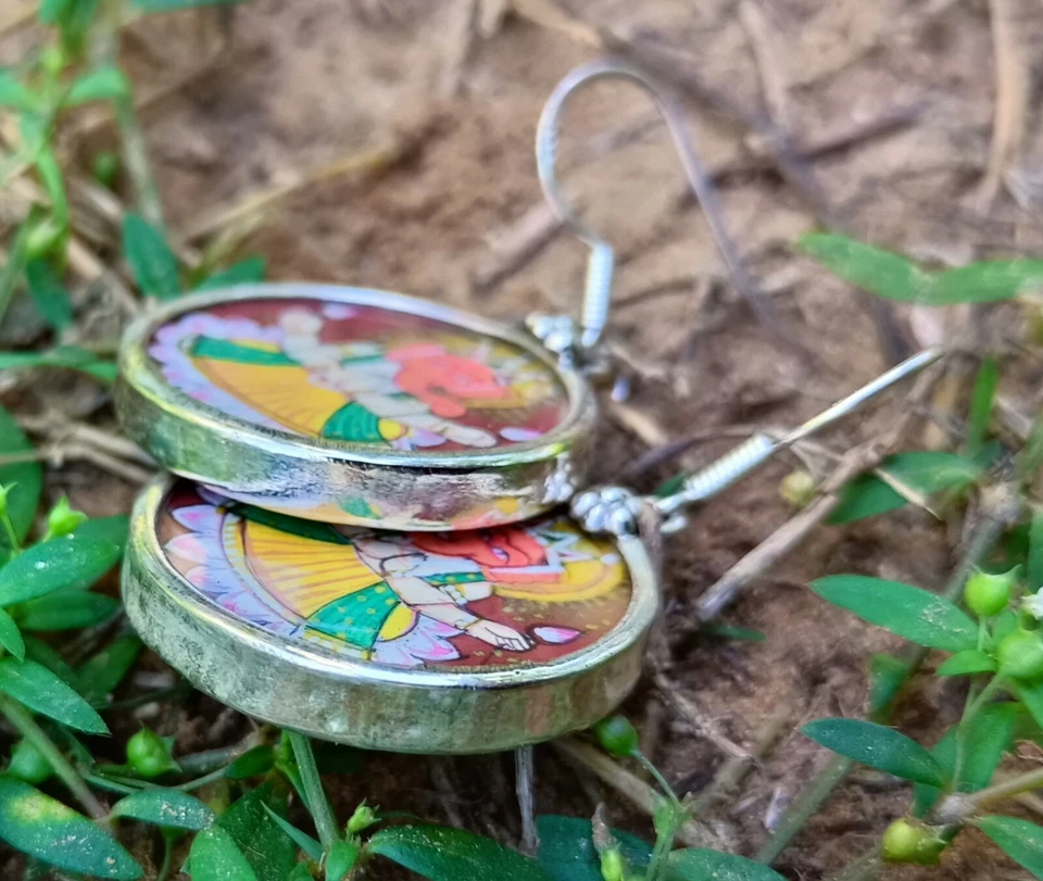 Handmade Hand Painted 925 Sterling Silver Miniature Ganesha Earrings 23X40mm #44 - Image 4 of 4