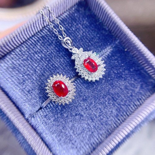 Natural Ruby Cluster Ring & Necklace 18k White Gold Ring Necklace