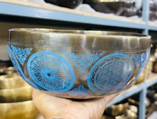 10" Blue Lingam Singing Bowl – Astamangala & Flower of Life Carved, Healing Tone
