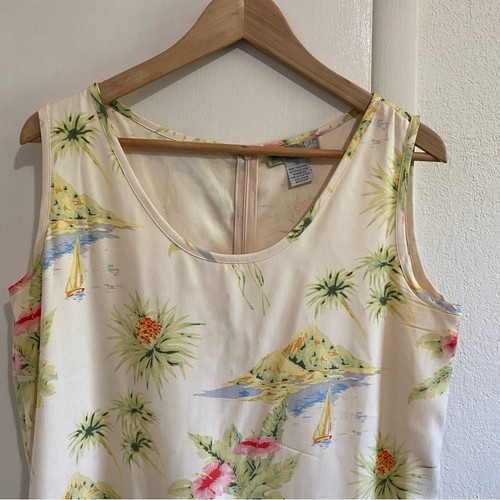 Pineapple Moon Silk Dress Size M Island Print Sleeveless Summer Resort Wear - Picture 2 of 9