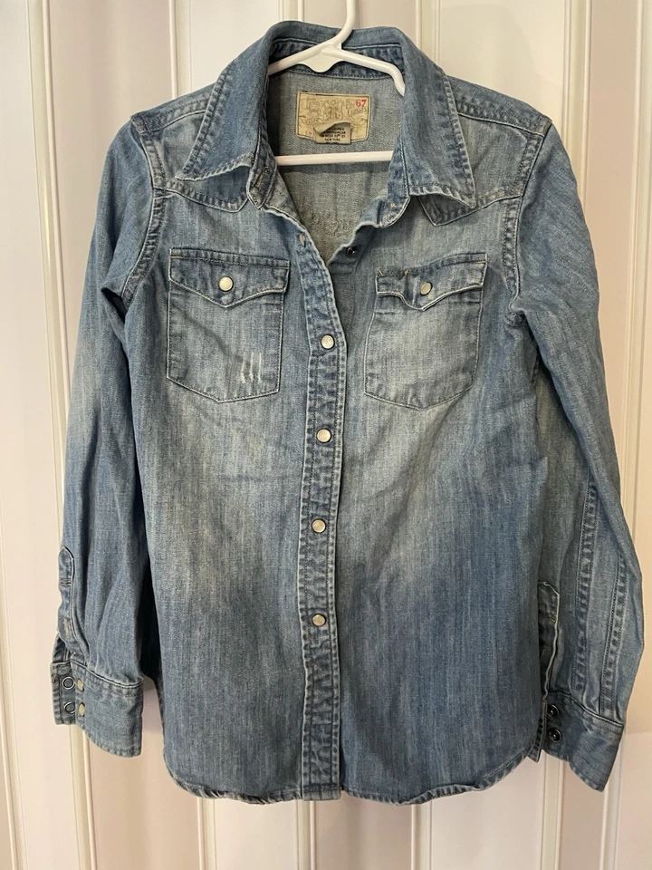 CHAQUETA DE MEZCLILLA RALPH LAUREN Denim Goods niñas niños lavado claro talla 8 broches de presión perla de colección Foto 3 de 4