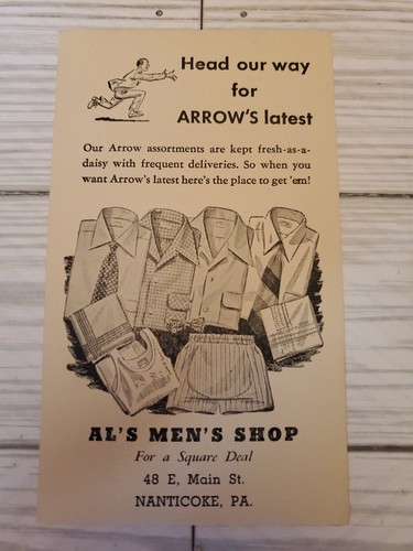 1940s Arrow Dress Shirts Advertising Card Al's Men's Shop Nanticoke Pennsylvania