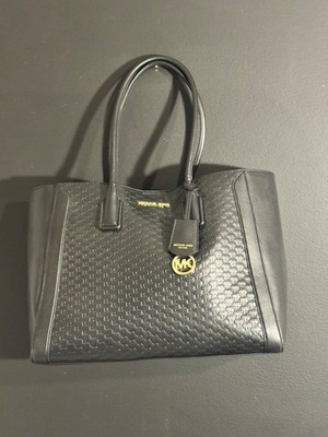michael kors kali black leather laptop tote with monogrammed embossed finish