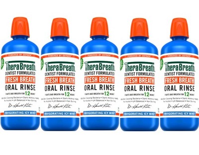 5 Pack - TheraBreath Fresh Breath Mouthwash, Icy Mint, Alcohol-Free, 33.8 fl oz