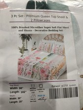 Queen Flat Sheet Set w/ 2 Pillowcases Floral Pink 100 Brushed Microfiber