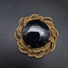 Vintage Blue Glass Cabochon Brooch Gold Tone Leaves Costume Jewelry UV