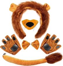 5 Pcs Lion Costume Set,Brown Lion Headband Nose Tail Bow Tie Paw Gloves,Hallowee
