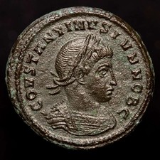 *Lucernae* Constantine II Follis CAESARVM NOSTRORVM-VOT X Rome 321 A.D.