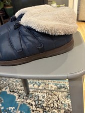 Vionic Gabrie Faux Fur Bootie Slippers Navy Fur Trim Drawstring Women's Size 8