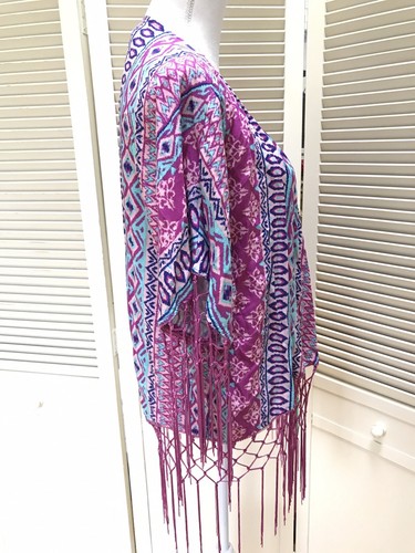 Flying Tomato Kimono Popover Purple Small Open Cardigan Hippie Macrame Fringe - Picture 2 of 6