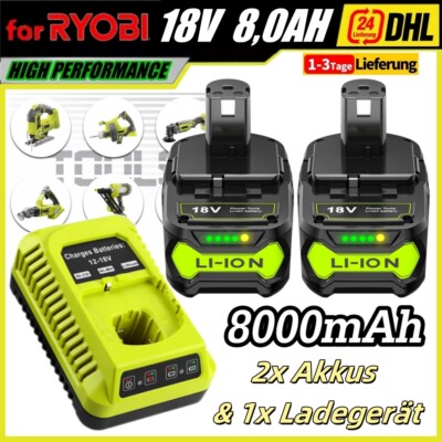 2X 8,0AH Akku mit 1X Ladegerät für Ryobi ONE 18V P108 LI-ION RB18L40 RB18L15