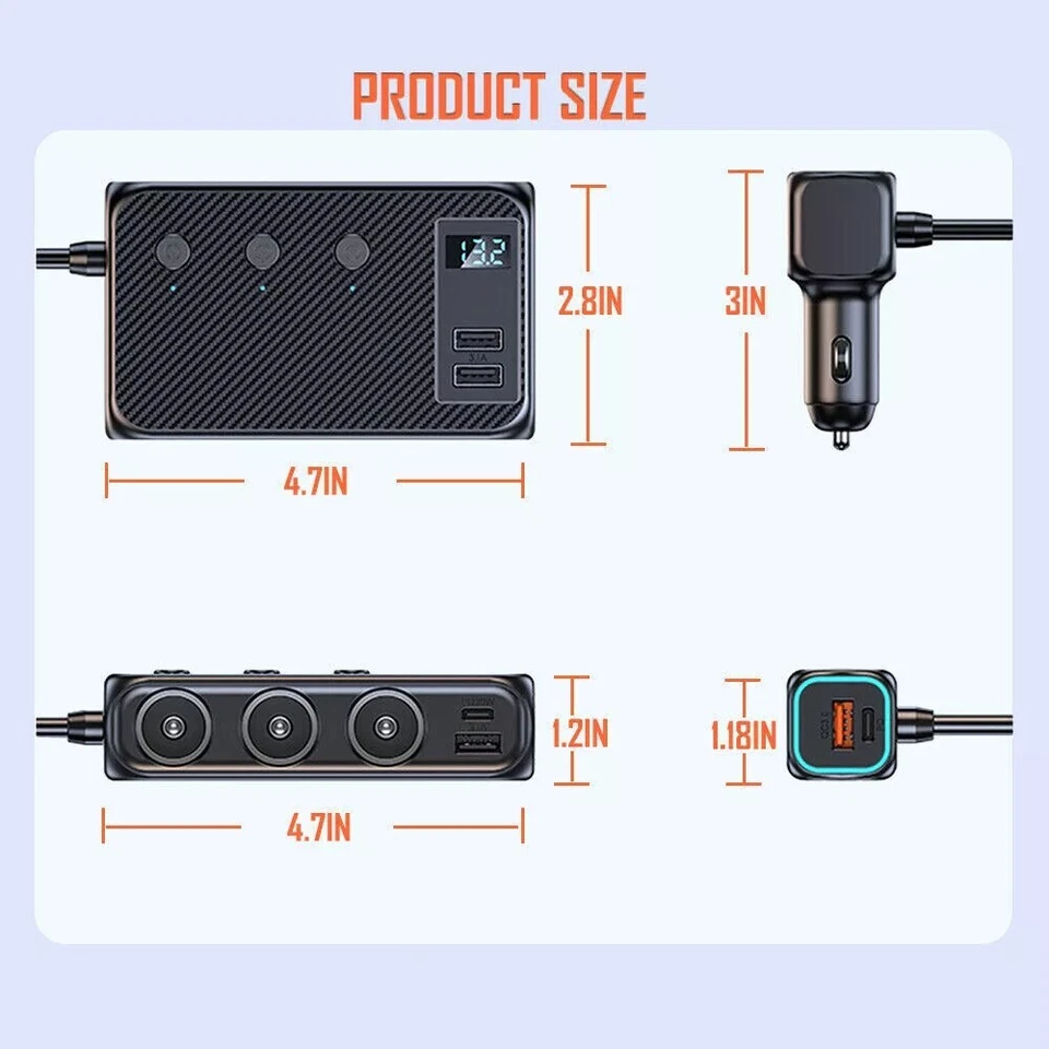 Adaptador de cargador rápido enchufe USB C 9 en 1 multi encendedor de cigarrillos para automóvil Foto 4 de 4