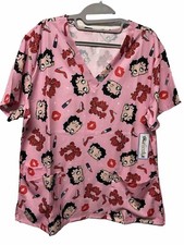 NWT Betty Boop Scrub Top V-Neck Women's L Colorful Lips  Lipstick Pocket