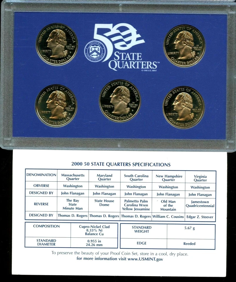 2000-S US Proof State Quarter Mint Set 5 Coins CN CLAD 20uoc0925 - Image 4 of 4