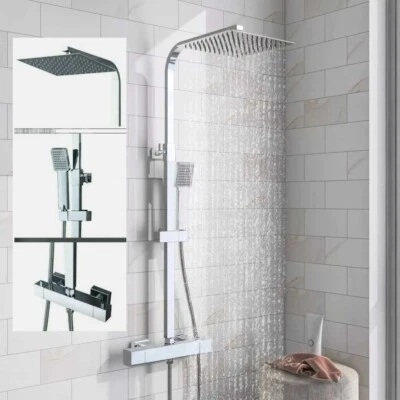 Bathroom Thermostatic Exposed Shower Mixer Twin head Large Square Bar Set Chrome