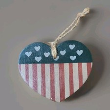 Stars Stripes Patriotic Heart Wooden Christmas Ornament Rustic Handpainted