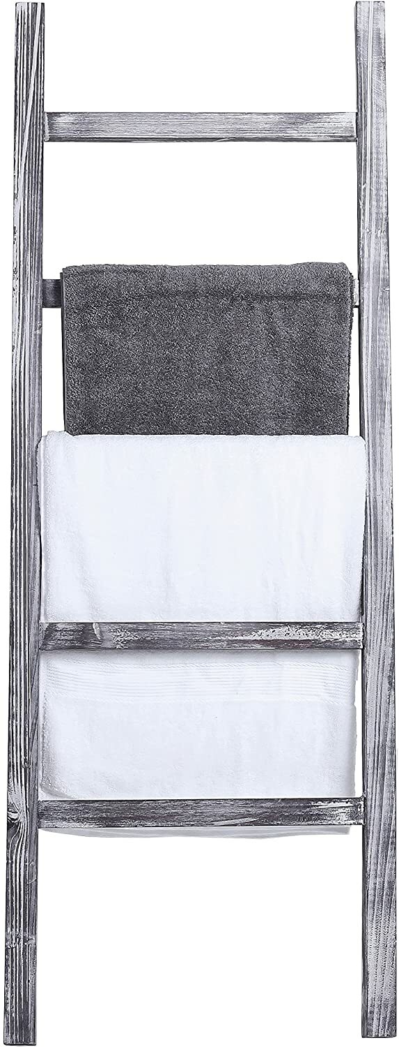 Wall Leaning Gray Wood Towel Ladder Rack with 5 Rungs, Bathroom Blanket Ladder