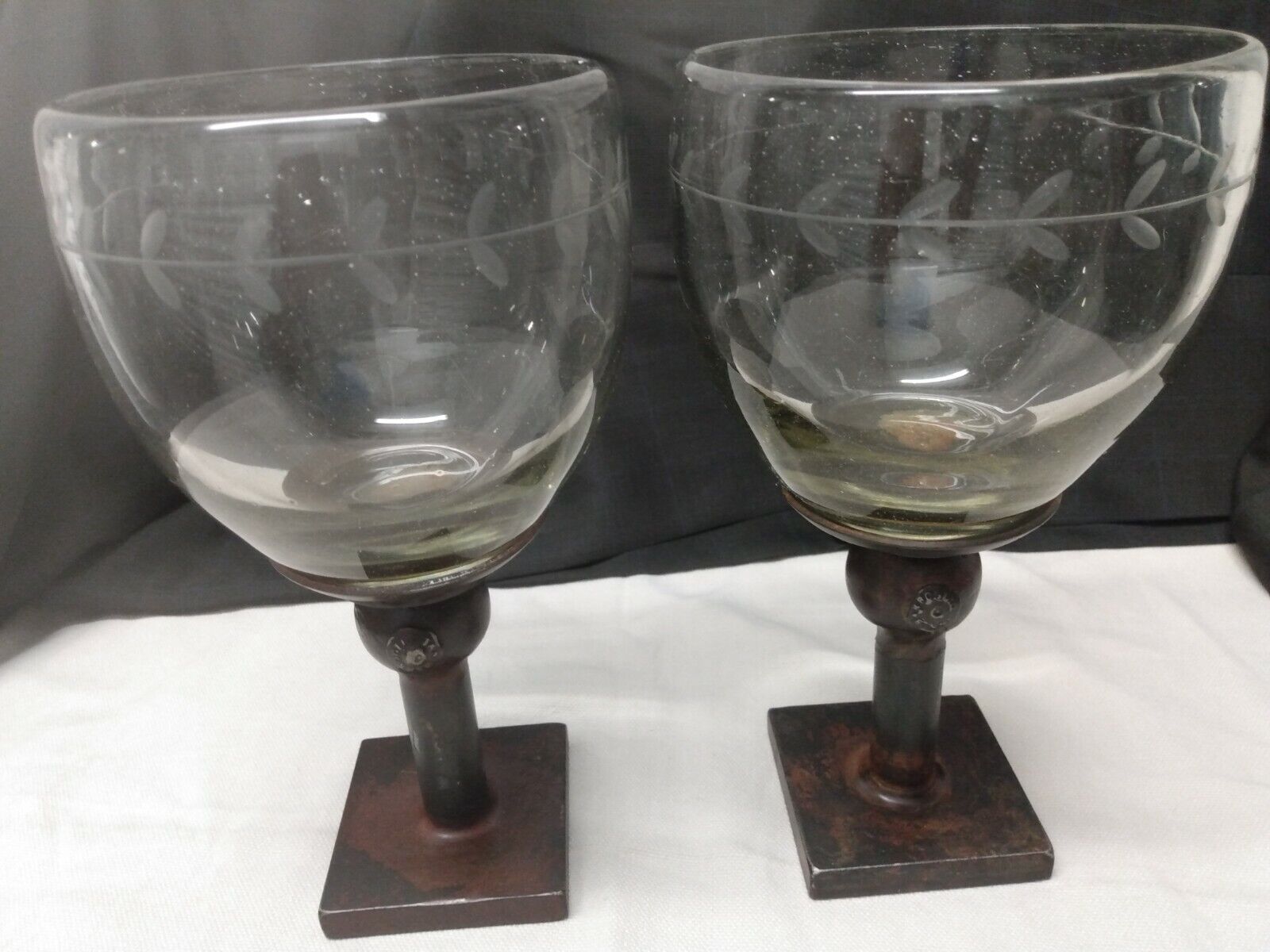 2 JAN BARBOGLIO WROUGHT IRON & HAND BLOWN ETCHED GLASS  GOBLETS MAYBE RETIRED
